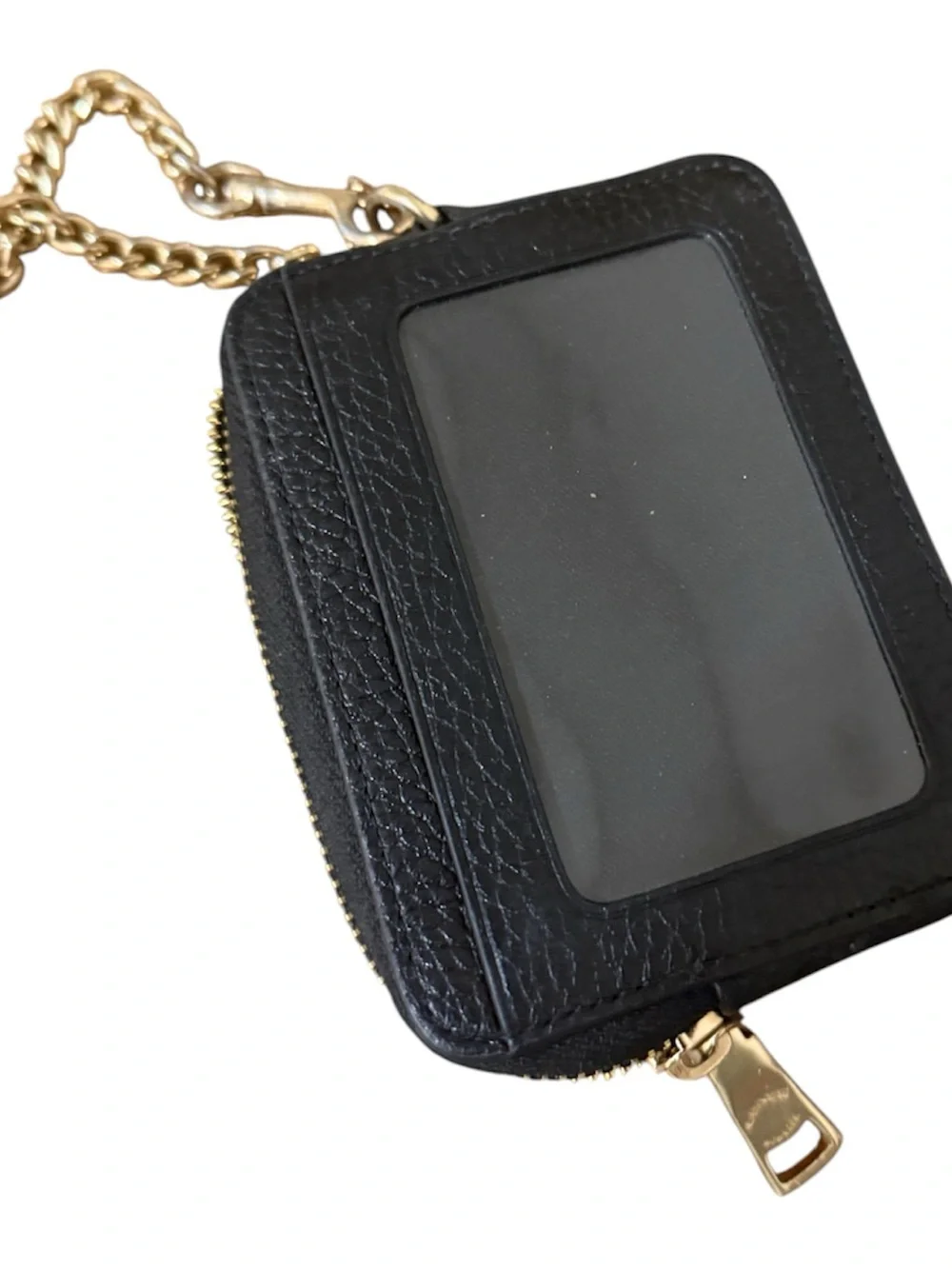 Coach Black Leather Zip Card Case with Gold Chain